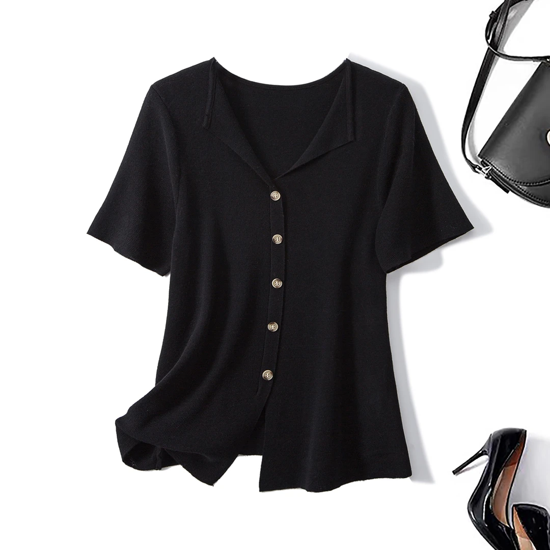 清69156大码女装2025夏季翻领短袖冰丝针织衫胖mm遮肉别致上衣