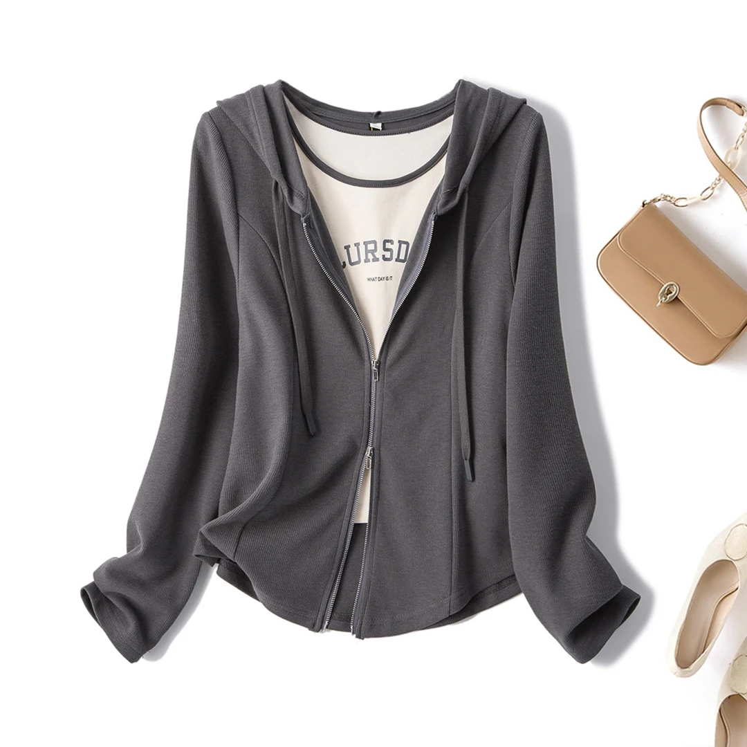 清大码春季韩版胖mm减龄吊带背心连帽卫衣开衫显瘦两件套63678