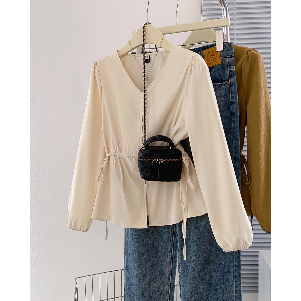 清大码女2025春季韩版气质收腰系带显瘦衬衫法式长袖V领上衣63506