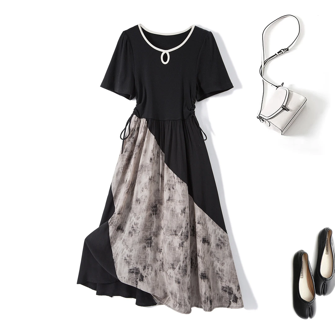 清63413大码女装2025夏季a字连衣裙遮肚子显瘦气质收腰中长款裙子