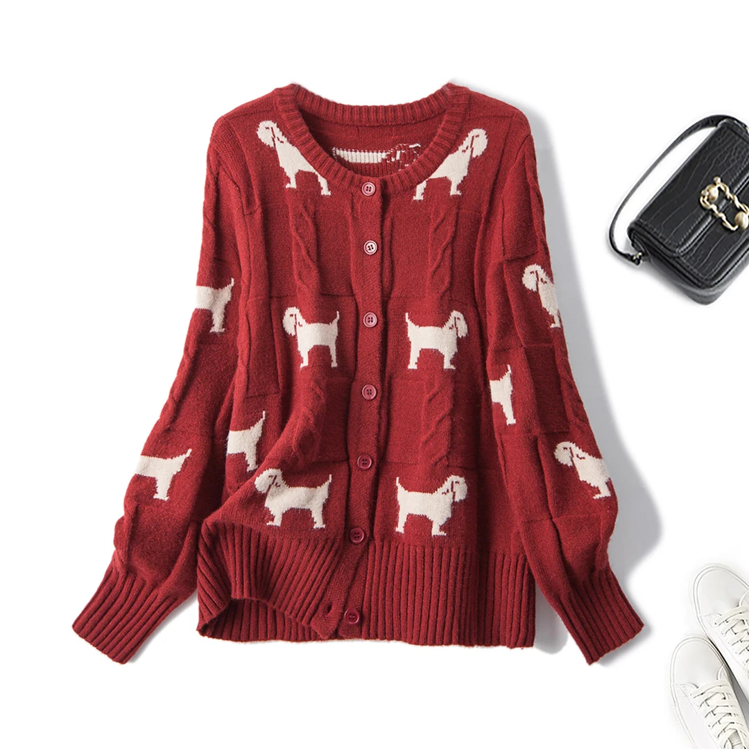 清圣诞氛围感毛衣秋冬设计感小狗麻花慵懒圆领针织开衫外套68608
