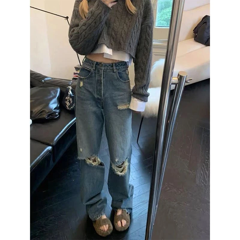 2025新款秋冬季蓝色显瘦高腰宽松拖地阔腿破洞设计感低腰裤