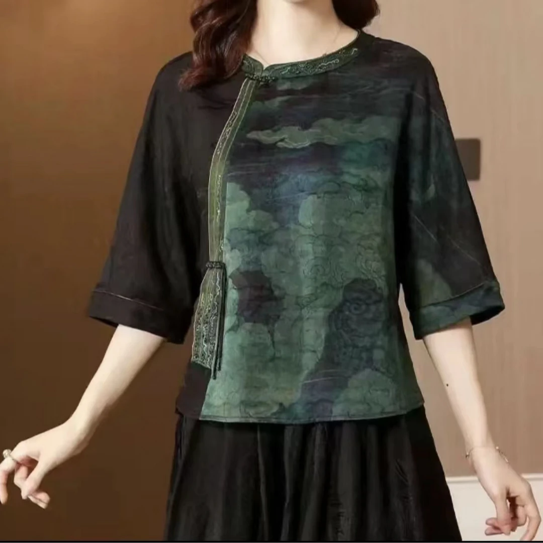 【复古斜襟】 夏季新中式复古气质显瘦斜襟中式百搭提花上衣