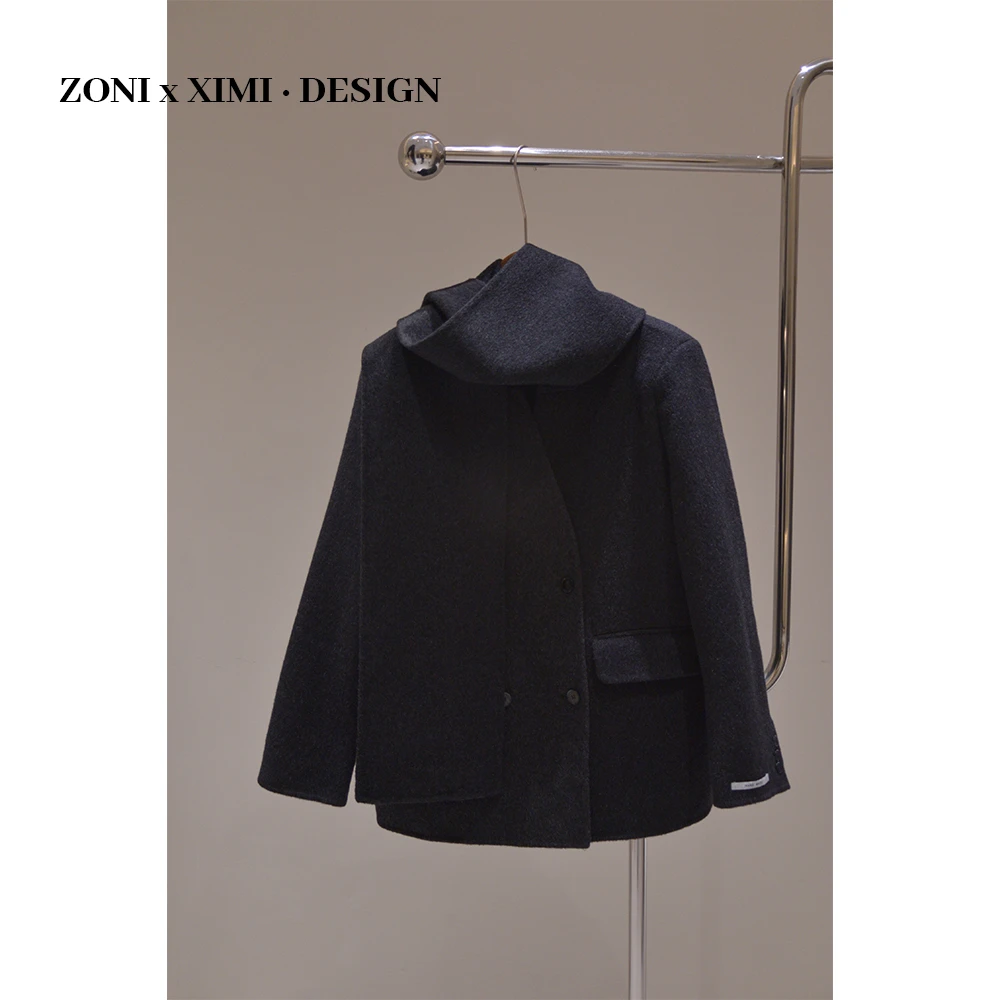 ZONI |  冬季V领围巾款羊毛厚大衣外套时尚百搭