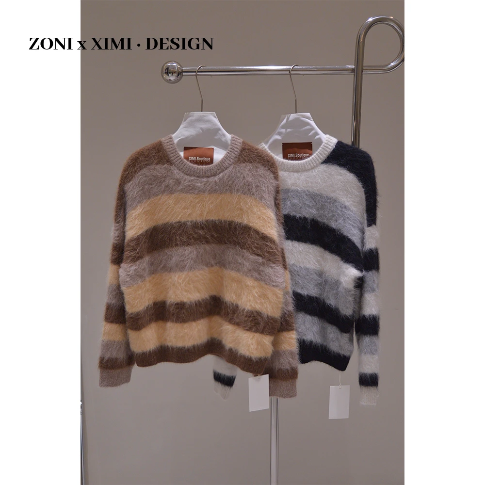ZONI【热气腾腾】 复古条纹baby羊驼毛保暖圆领套头毛衣