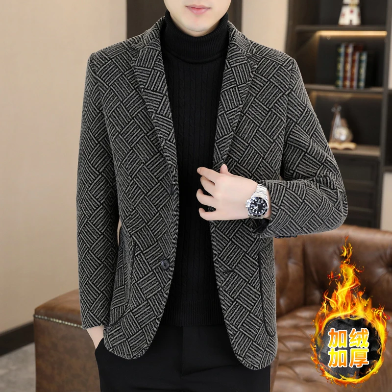 欧版修身时尚高档外套男士西服秋冬新款休闲潮流百搭加绒小西装
