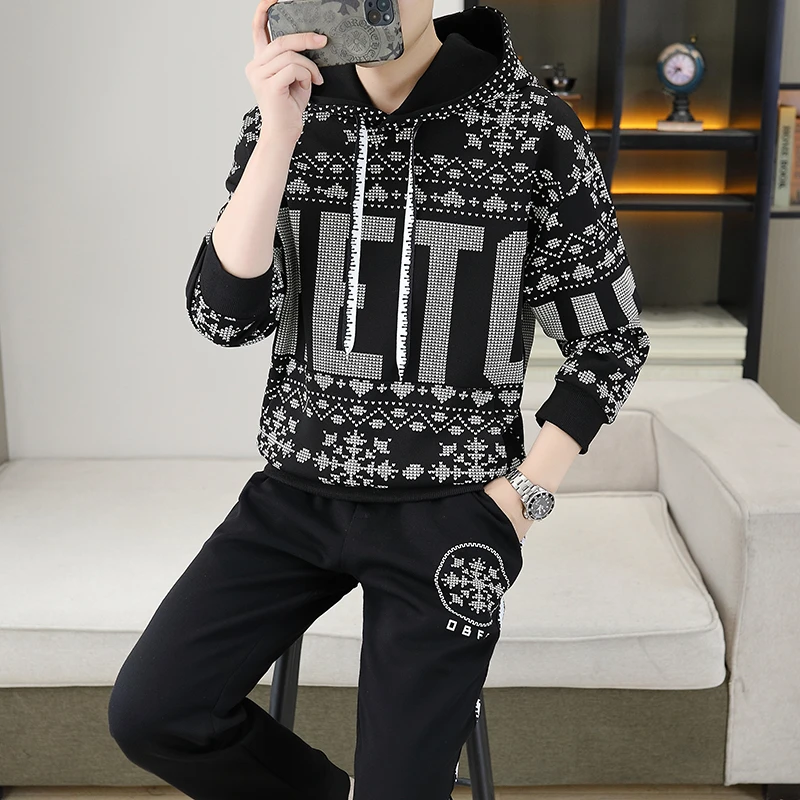 韩版时尚高档潮牌爆品2025新款卫衣套装男士T恤两件套装潮流百搭