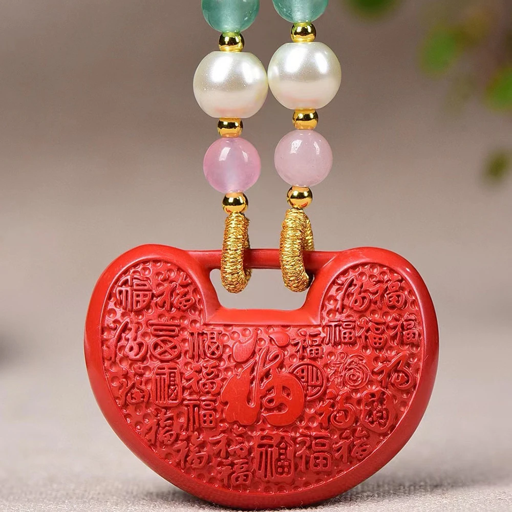 含辰砂工艺品高含量原矿朱砂红砂百福锁毛衣链女款轻奢项链吊坠