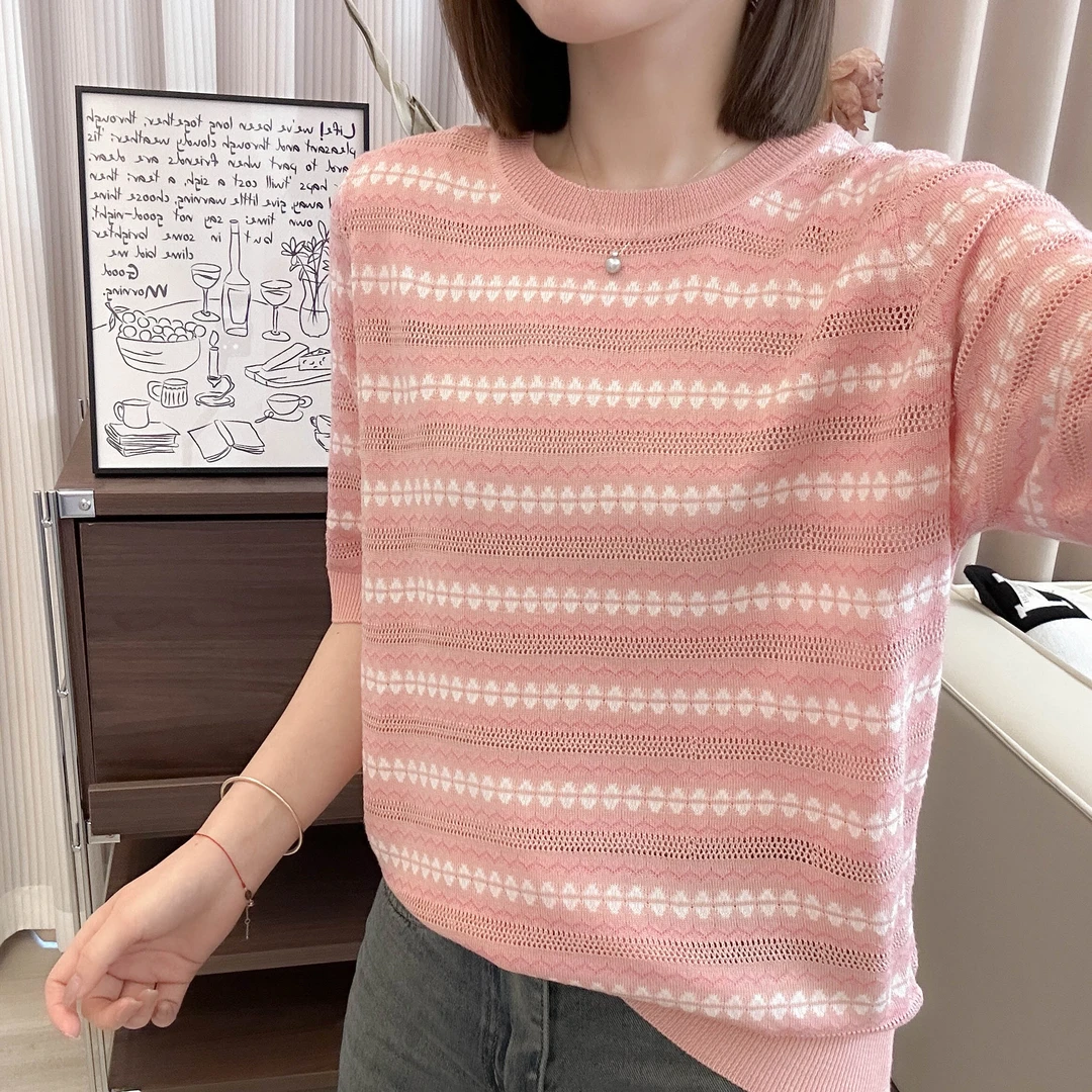 严选条纹菱格镂空圆领薄款夏季新款上衣短袖宽松韩版气质套头T恤