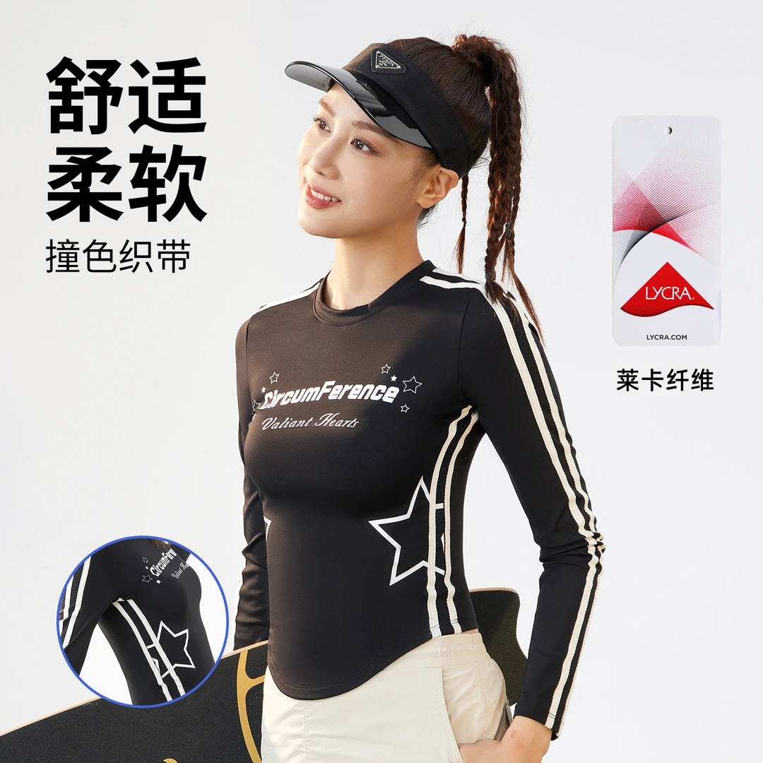 2024春莱卡织带印花长袖美式复古风圆领收腰显瘦云感高弹运动T恤