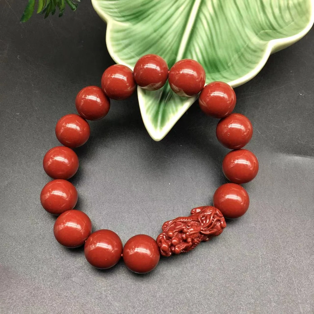 含辰砂工艺品ZA012-紫金砂雕刻单皮丘单圈手串14mm