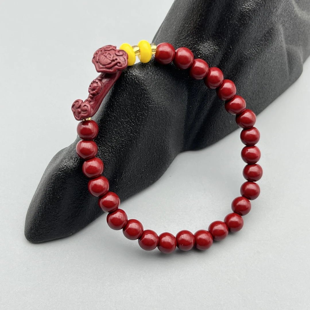 含辰砂工艺品ZA770-经典朱砂紫金砂雕刻6mm配黄色隔片单圈