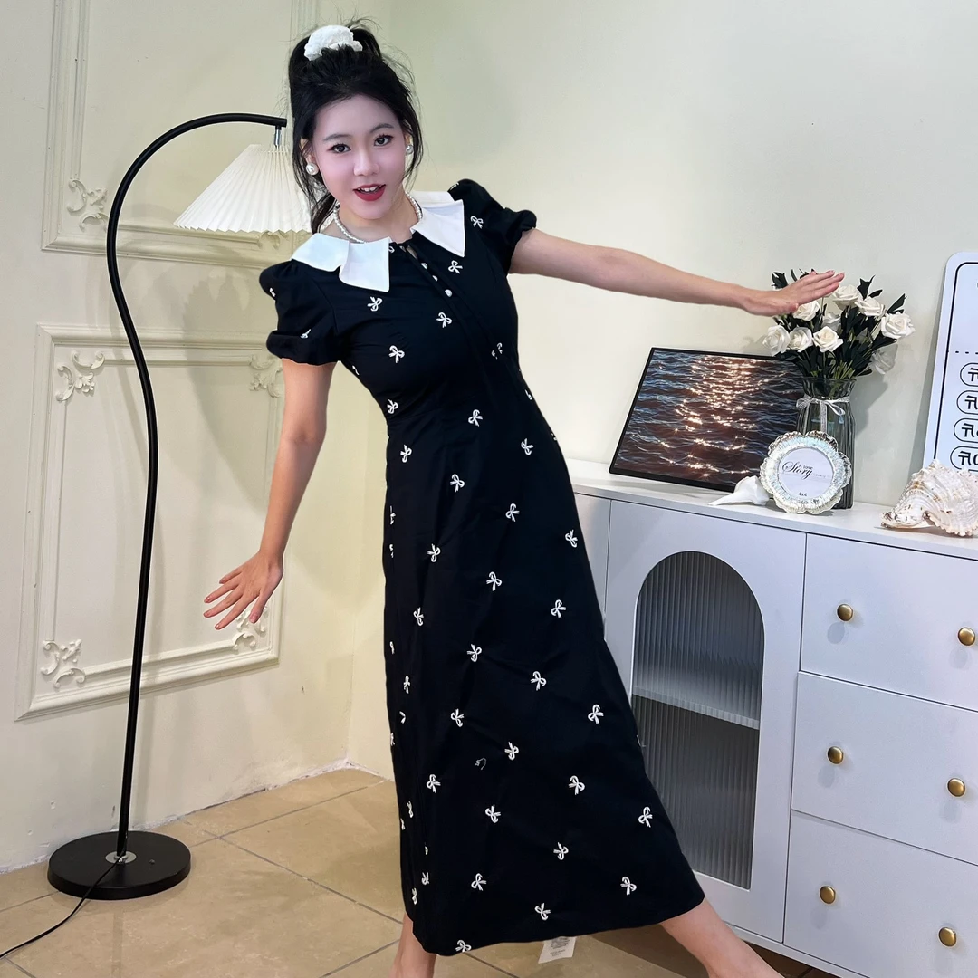 【蝴蝶刺绣】夏季黑色微胖显瘦气质140-160中长款连衣裙JX242307