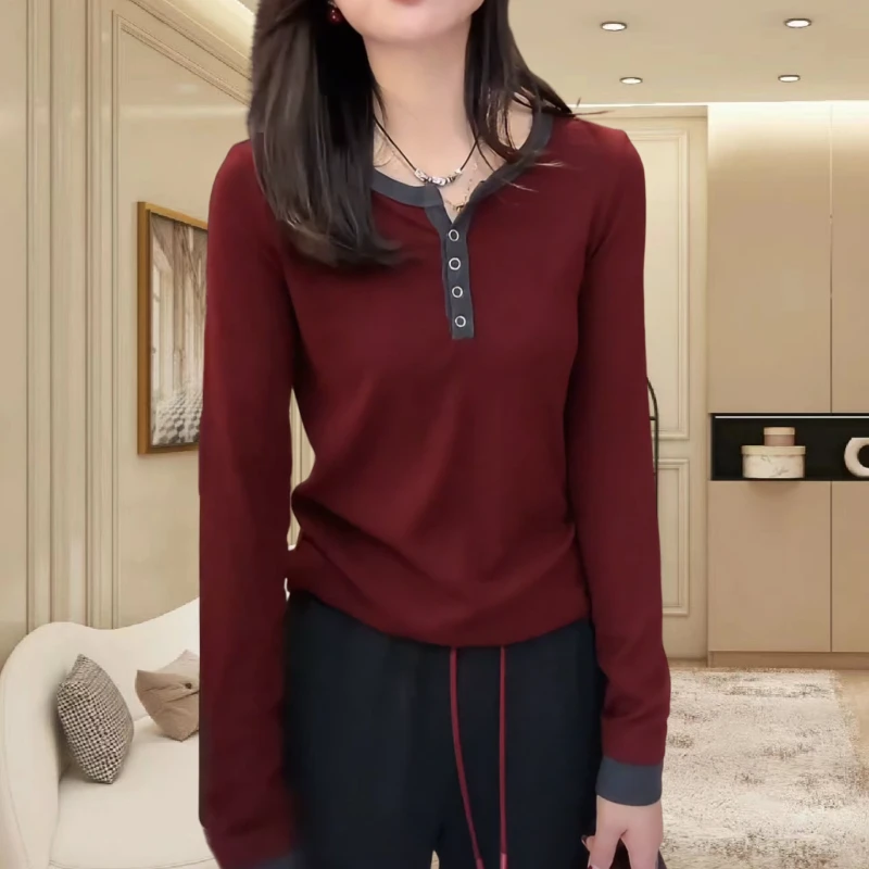 撞色V领长袖t恤女2025秋款春季时尚洋气修身内搭大码打底衫上衣