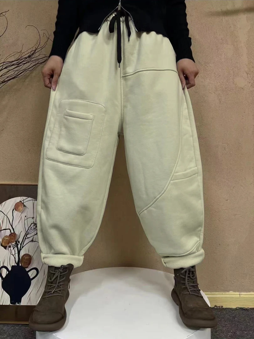 冬款加厚加绒针织棉女裤口袋设计宽松休闲裤时尚裤子A021