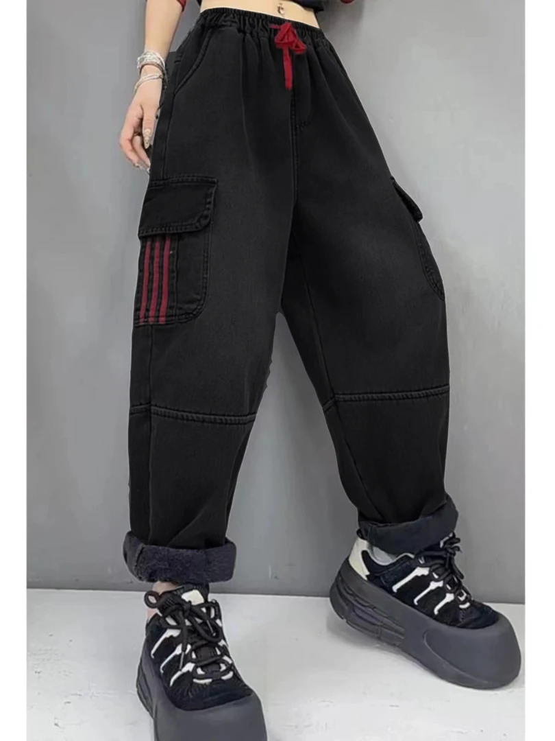 春款条子大口袋牛仔裤宽松裤子做旧休闲裤A056