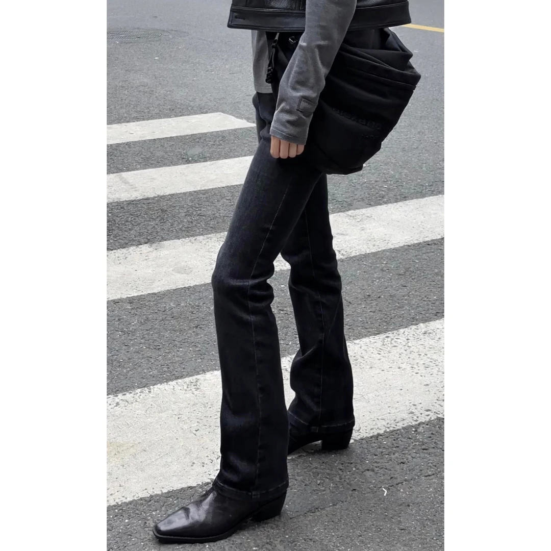 AMASS/阿玛施【魔术植绒裤】秋冬新款显瘦小微喇 烟灰色高弹牛仔裤