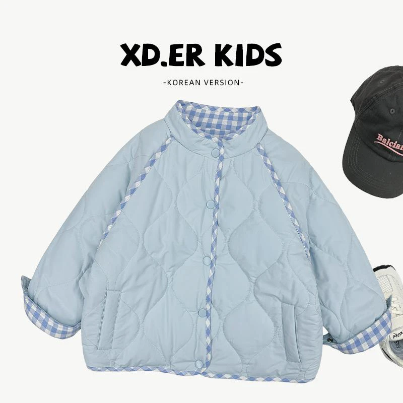 两面穿男女童夹棉外套儿童冬款加厚百搭洋气棉服2024新款格子棉衣