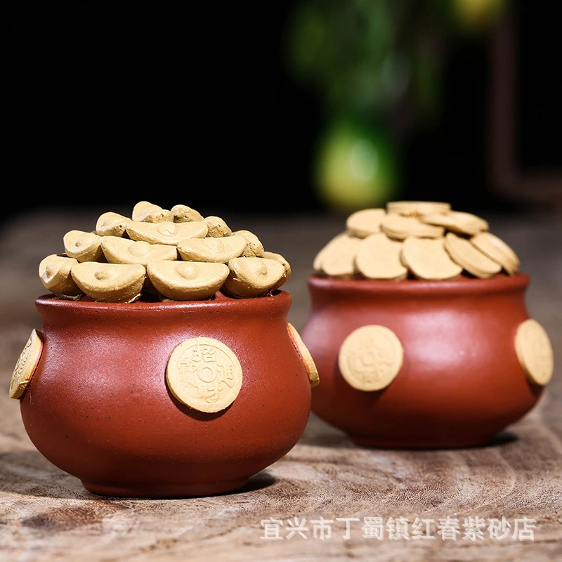 批发宜兴紫砂茶宠聚宝盆金元宝摆件手工茶具雕塑摆件茶玩文玩礼品