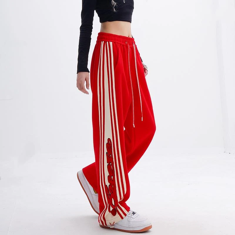 红色宽松卫裤女休闲束脚运动裤美式ins潮牌跳舞裤高街刺绣阔腿裤