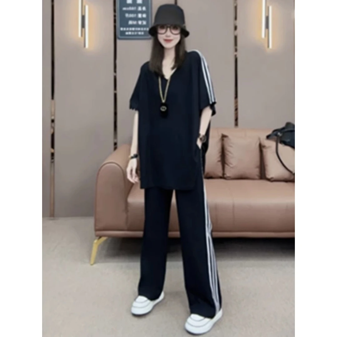 胖mm2-300斤欧货时尚休闲运动洋气女宽松条纹V领短袖阔腿裤两件套