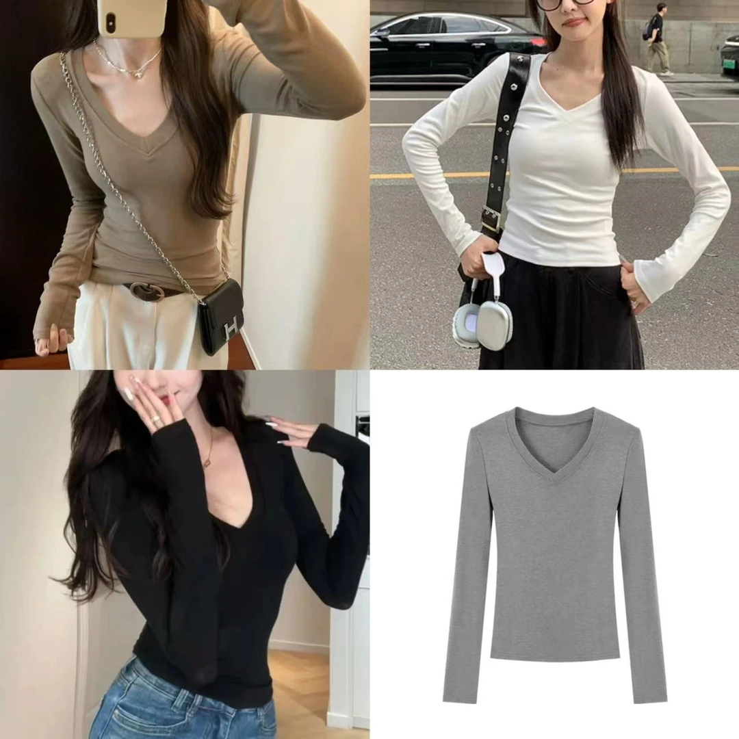 【欣悦高个子】第二层皮肤/基础款纯色V领长袖T恤240251