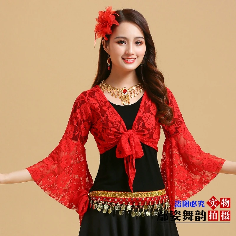 新款广场舞服装民族秧歌舞团体跳舞衣肚皮舞演出披肩吊带蕾丝上衣