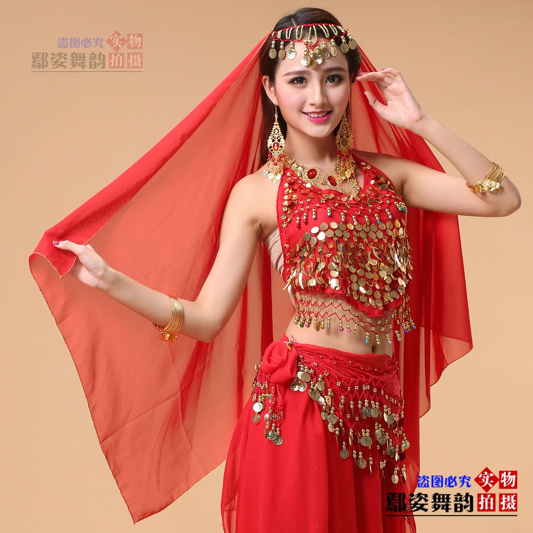 新款肚皮舞头纱头巾旅游摄影拍照丝巾印度舞蹈表演出雪纺吊币纱巾