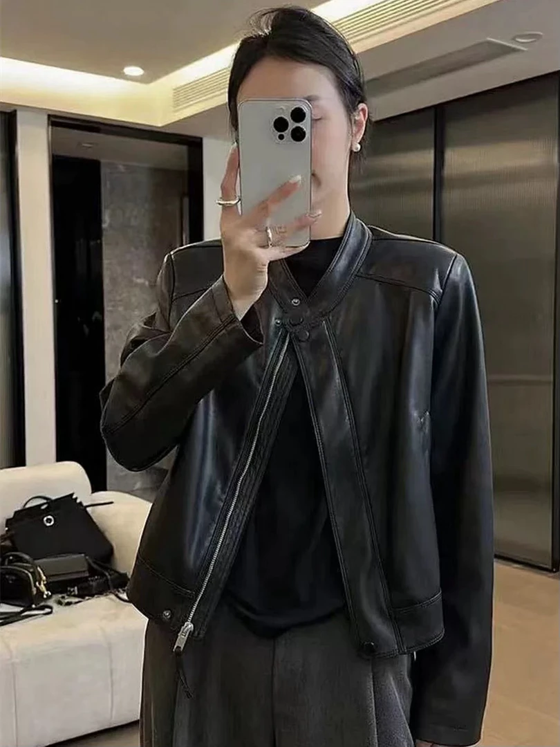 欧货美式半立领pu皮黑色外套女高级感百搭显瘦