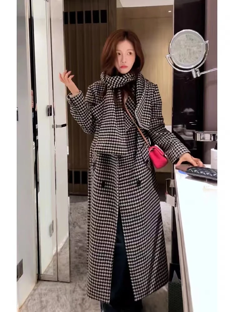 千鸟格双面女时尚长款毛呢外套