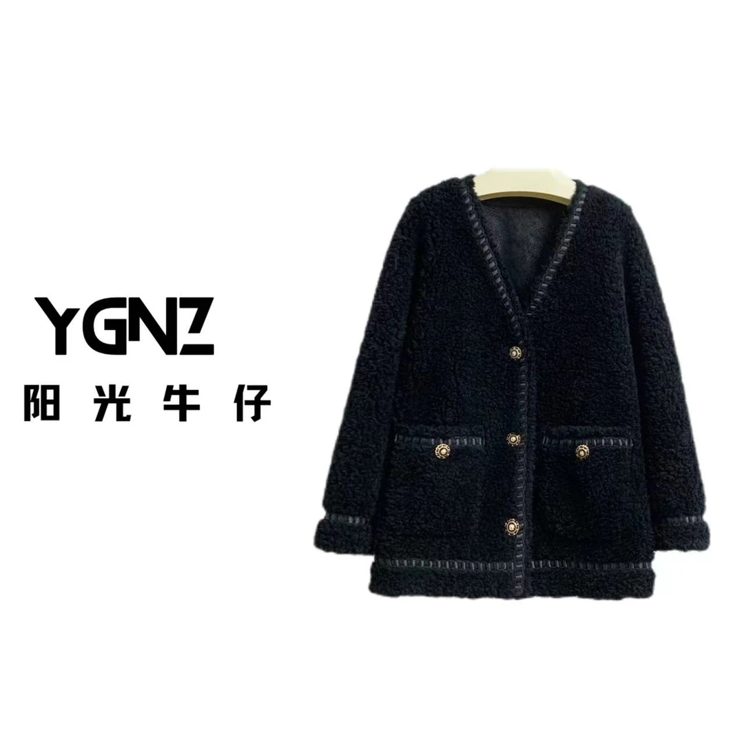 【阳光牛仔】100%绵羊毛【黑金配色】宽松黑色开衫