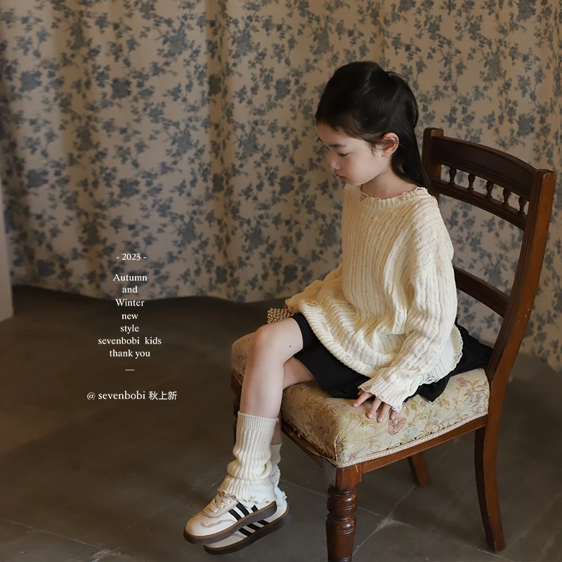 SKE2361中大童韩版蕾丝花边针织衫秋装新款女童休闲纯色毛衣潮
