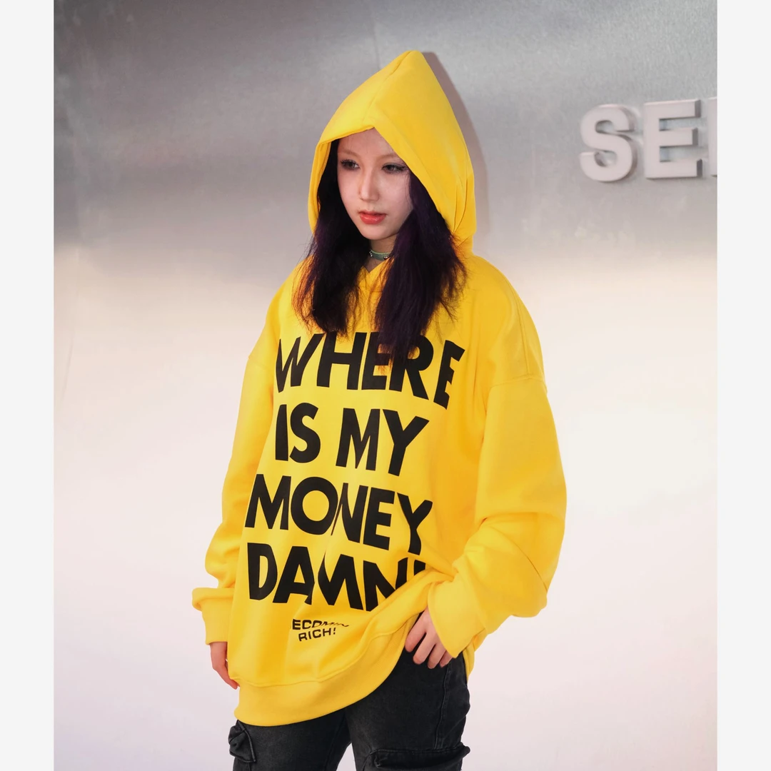 美式复古黄色卫衣连帽男女宽松外套情侣潮牌落肩上衣显白