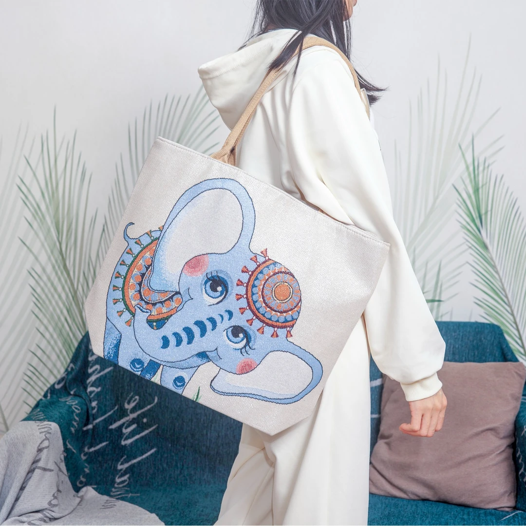 【大包芯绳 大耳大象】38x45cm卡通时尚帆布便携包提花刺绣单肩包