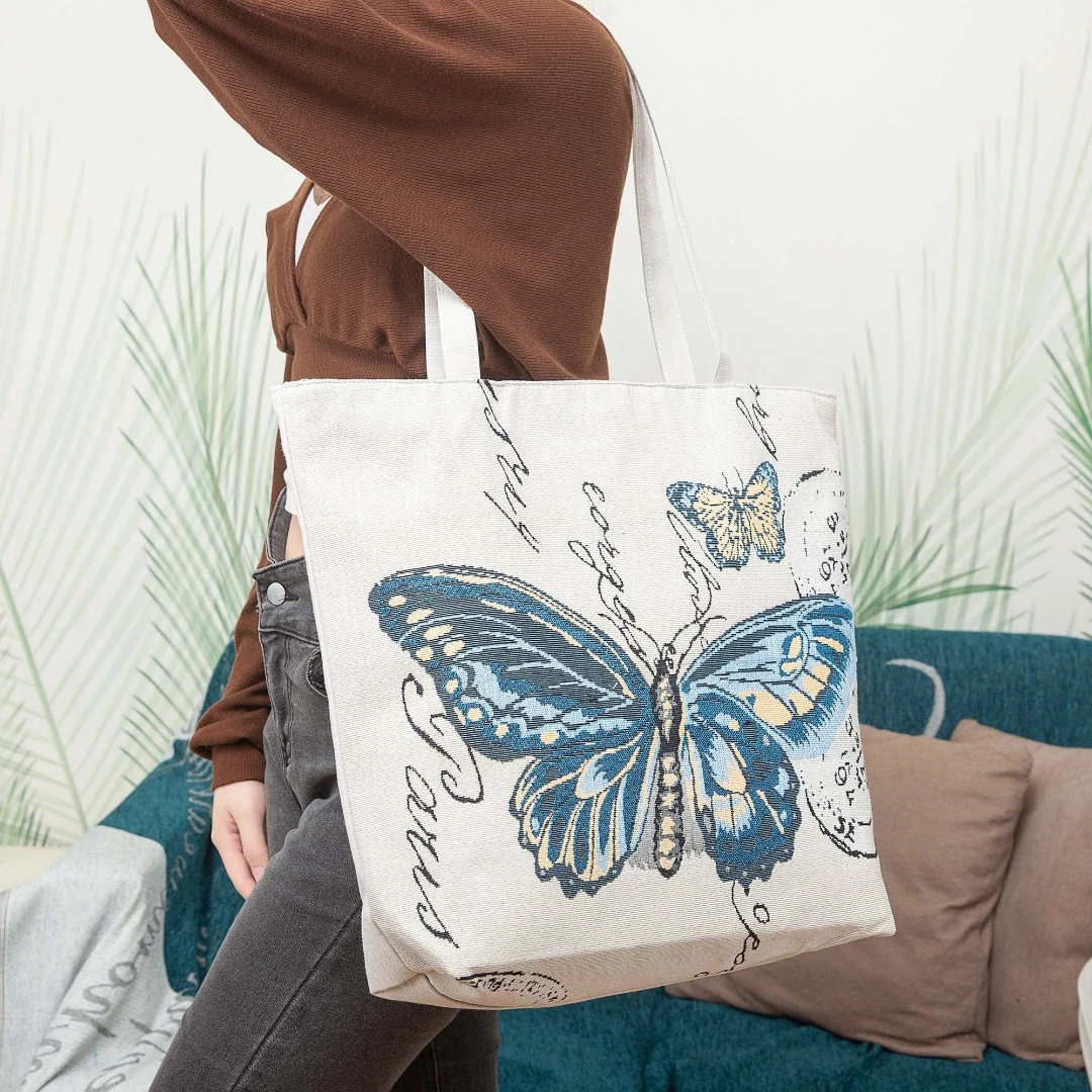 【大包单面 蓝色蝴蝶】百搭女士帆布包大容量提花绣上班族单肩包