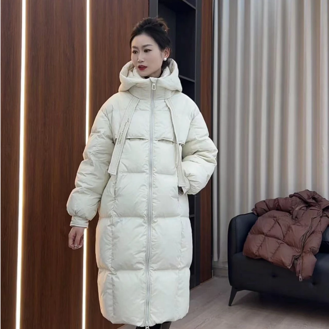新款白鸭绒羽绒服加厚百搭长款保暖连帽飘带
