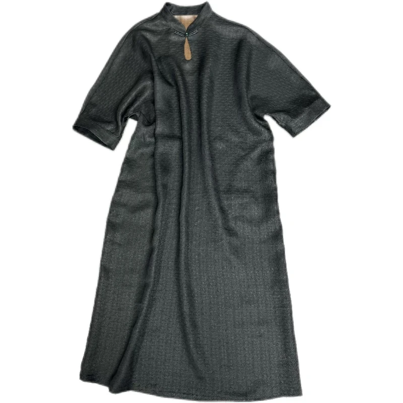 【水波】2025新款香云纱手工罗时尚宽松气质开叉宽松连衣裙