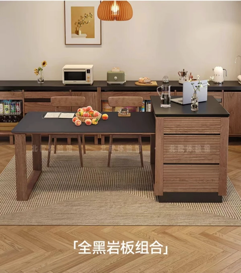 樱桃木日式岛台餐桌伸缩桌储物岛台岩板台面家用多功能一体餐桌