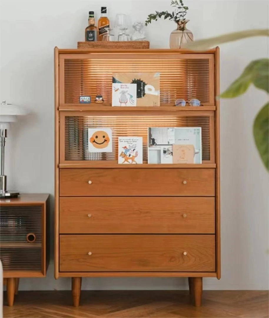 樱桃木实木家用餐边柜北欧客厅简约展示柜落地日式多层收纳储物柜