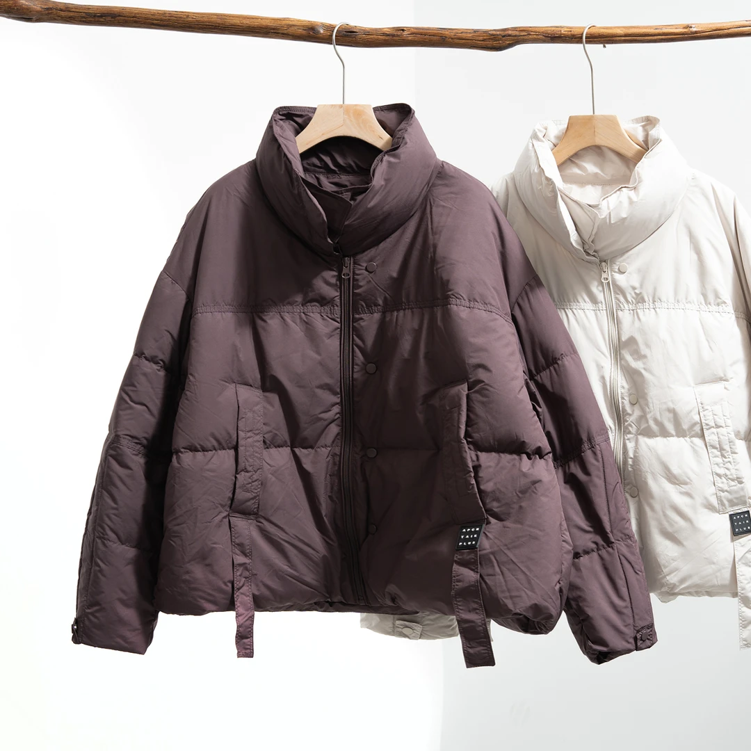 秋冬新品立领加厚90绒羽绒服女韩版宽松设计感简约白鸭绒休闲外套