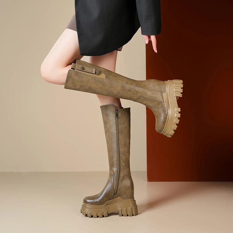 小个子12cm厚底增高复古女靴新款时尚英伦松糕女超高跟直筒靴女