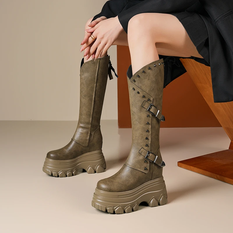 秋冬新款内增高12cm厚底靴洋气骑士长筒美拉德网红爆款防滑女靴