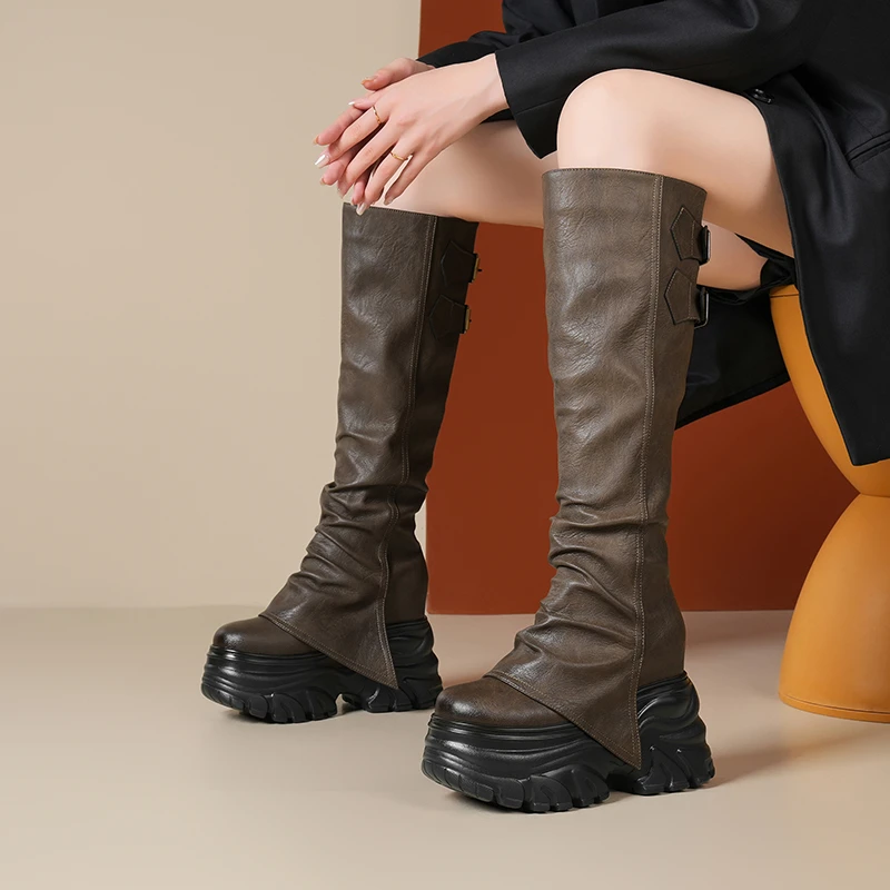 秋冬新款12cm复古显瘦英伦风厚底增高女靴小个子时尚洋气骑士靴女