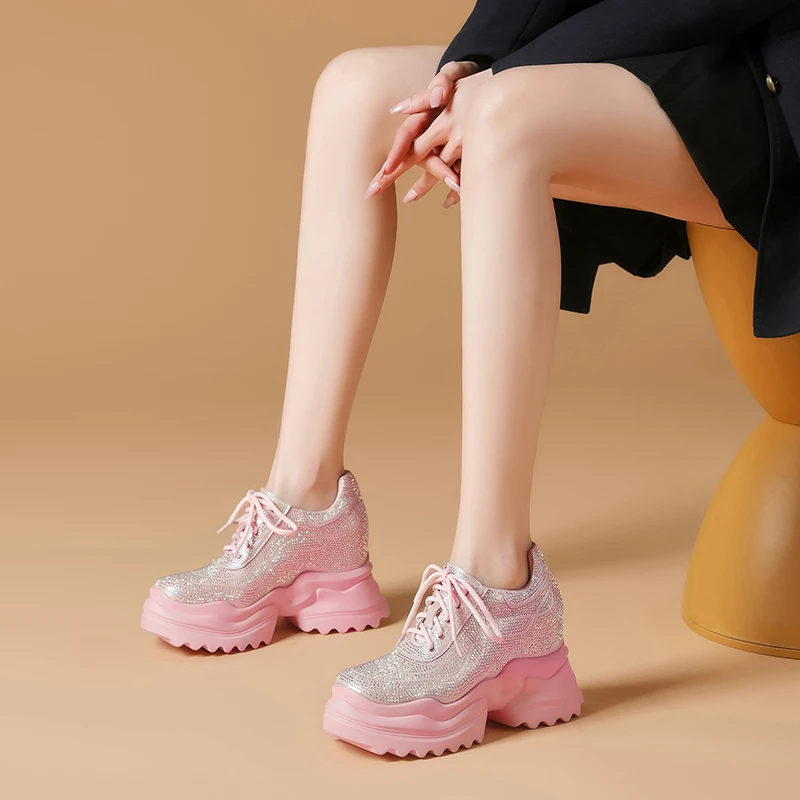 春季新款小个子增高运动休闲女鞋时尚厚底韩系烫钻增高女系带单鞋