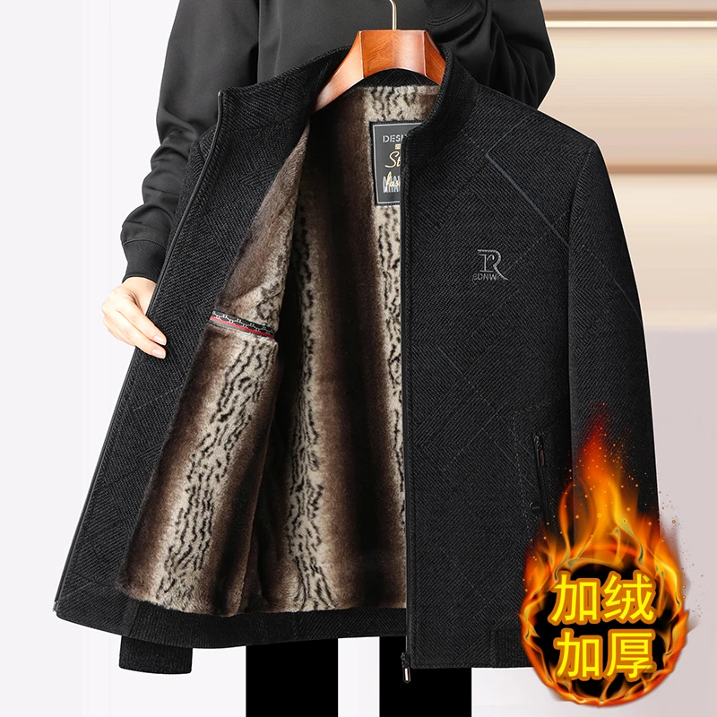 冬装加绒加厚爸爸装外套男士夹克秋冬季中老年保暖雪尼尔毛呢棉衣