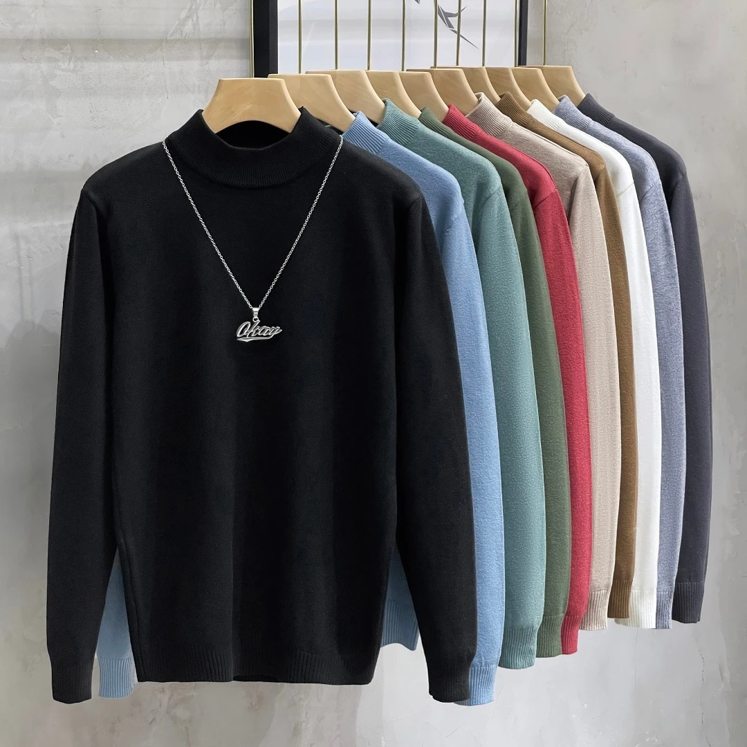 亲肤中领毛衣男士秋冬季新款百搭半高领针织毛线打底衫加绒加厚潮