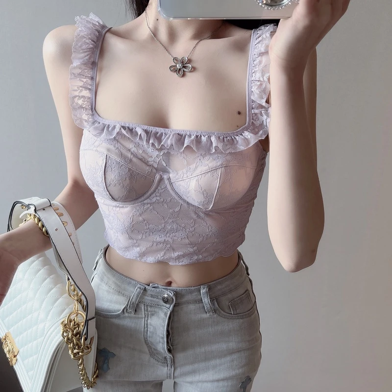 纯欲法式别致小背心内搭花边蕾丝吊带美背软钢圈bra女薄款带胸垫