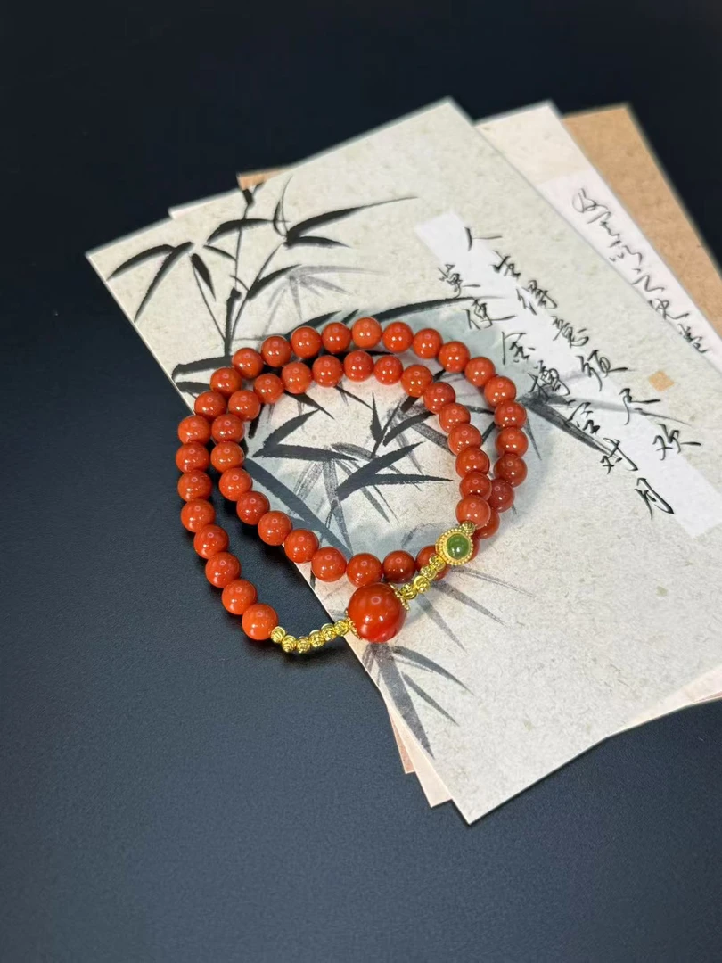 9255双圈玛瑙玉髓碧玉手串6mm+女士百搭本命年红红火火时尚首饰