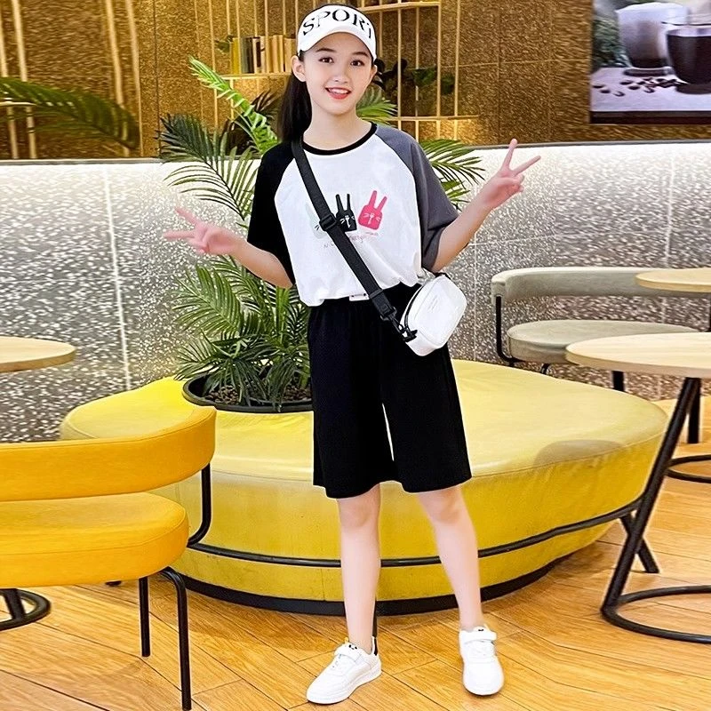 女童短裤套装2023新款中大童洋气宽松夏季薄款女童夏装女孩两件套