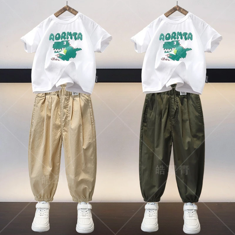 男童套装夏季新款2024中大童时尚宽松短袖T恤宽松速干裤两件套潮